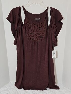 Torrid Deep Mahogany Cold-Shoulder Tunic with Crochet Yoke